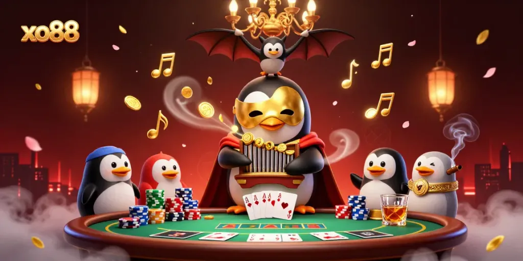 Experience the excitement at xo88 with a vibrant casino scene featuring a penguin playing a golden organ.