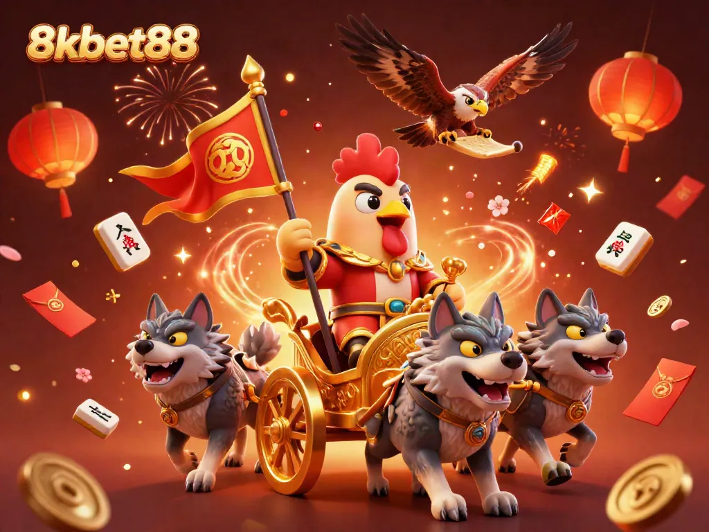 Engage in thrilling action at 8xbet88 with vibrant 3D illustration of a rooster warlord and dynamic casino elements.