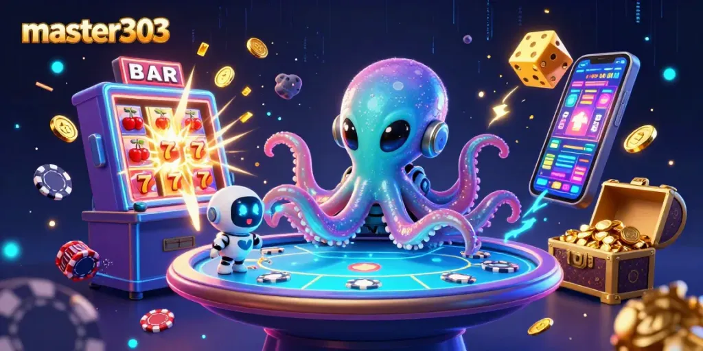Master303 merayakan jackpot dengan karakter luar angkasa dan mesin slot 3D, menarik perhatian pemain.