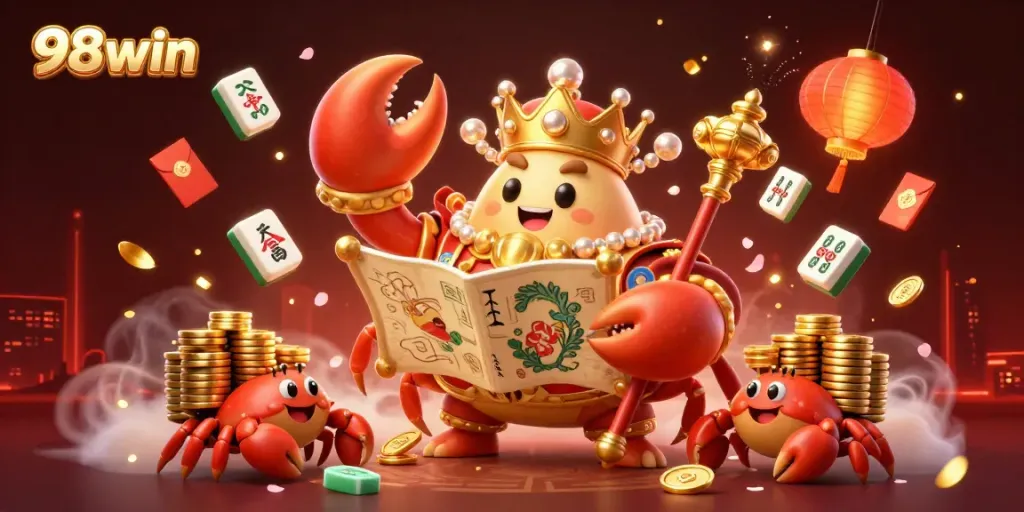 Engage with the vibrant world of 98win, featuring a golden crab emperor and treasure elements in a rich casino scene.