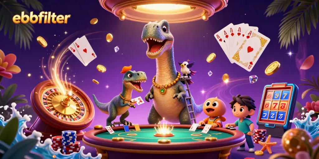 Experience thrilling gameplay at ebbfilter with a vibrant 3D casino scene featuring dynamic characters and game elements.
