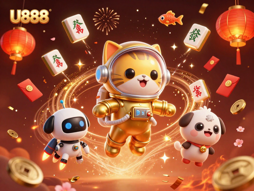 U888 offers thrilling games with an astronaut cat and robot dog in a vibrant casino scene