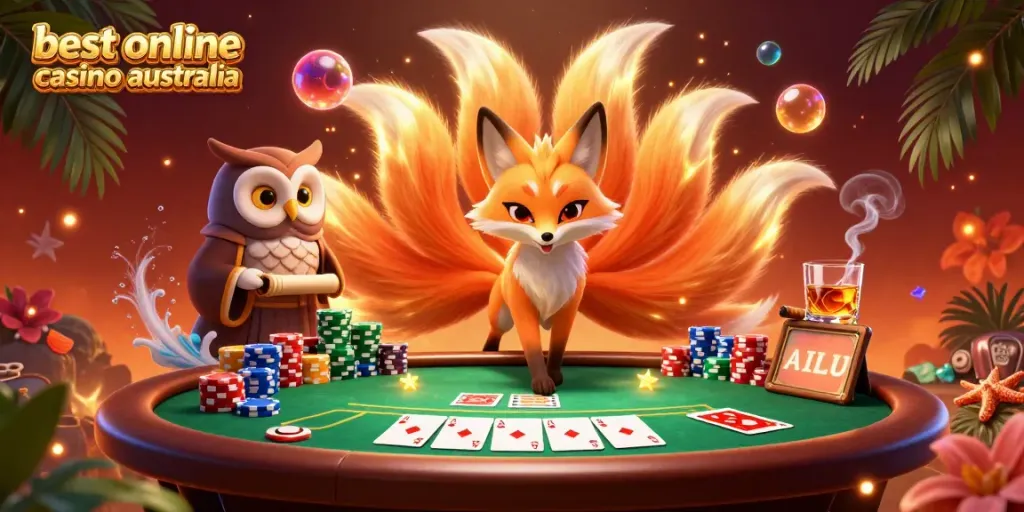 Experience the vibrant magic of the best online casino Australia with a colorful 3D illustration featuring a mystical fox spirit and poker elements.
