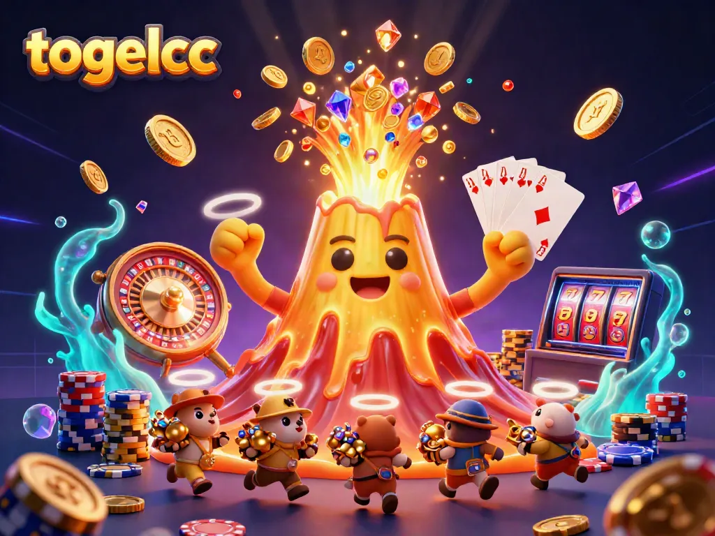 Experience thrilling gameplay at togelcc with vibrant gold coins, a triumphant volcano, and dynamic casino elements.