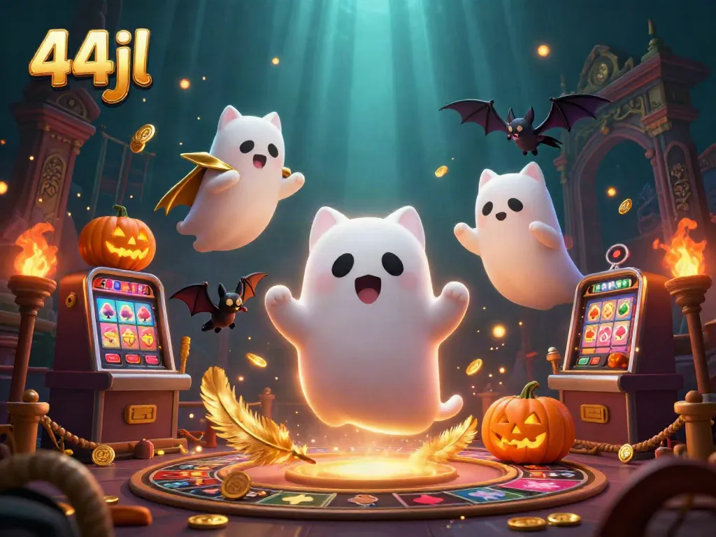 Engage with the vibrant world of 44jl, showcasing a floating ghost cat and casino excitement.