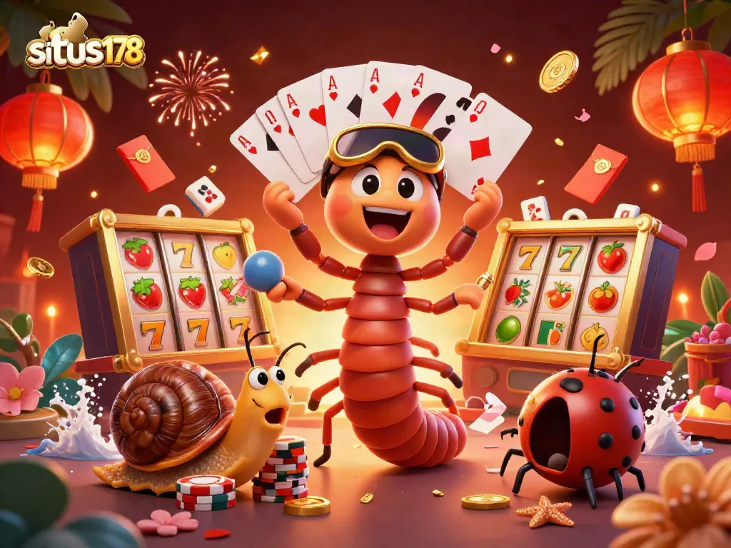 Gambarkan situs 178 dengan dealer kartun dan simbol slot di dunia kasino yang megah.