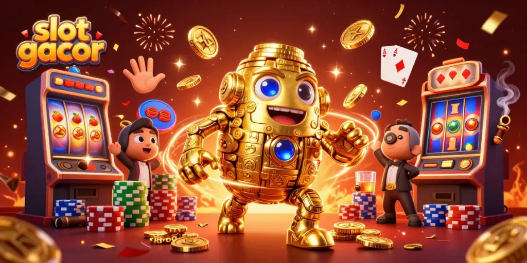 Experience thrilling slot gacor action with a golden golem and vibrant slot machine backdrop.