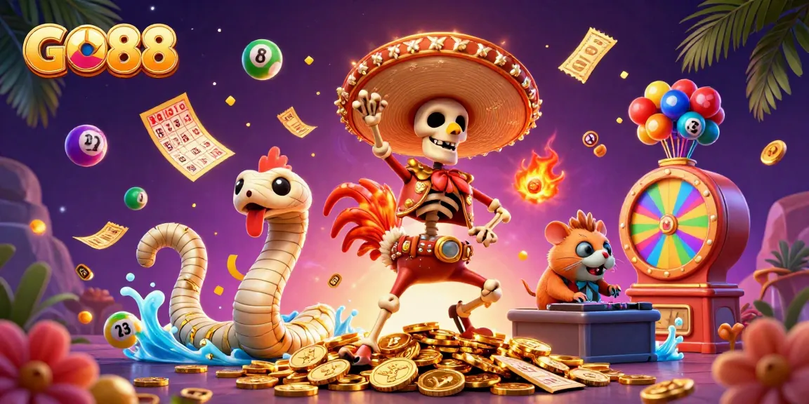 Experience thrilling fun with GO88's vibrant gaming scene featuring a lively mariachi rooster, mummy snake, and DJ hamster.