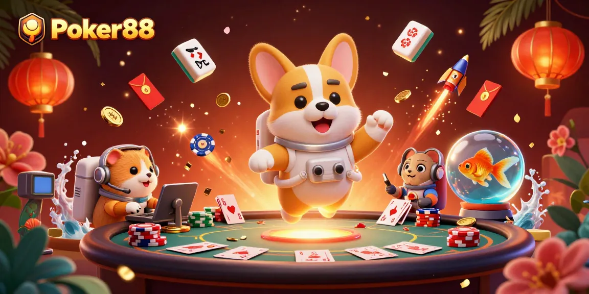 Experience Poker88's fun with a corgi astronaut and casino elements floating in a vibrant space.