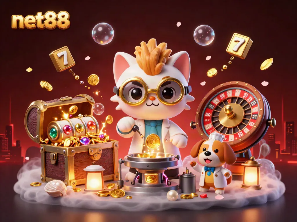 Experience thrilling gameplay with net88's exciting 3D casino illustration featuring a mad scientist cat and dynamic gaming elements.