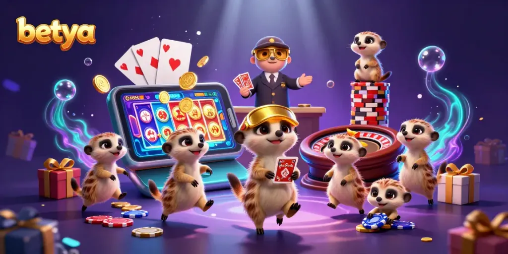 Betya casino meerkats in a lively gaming scene, showcasing vibrant slot action and colorful casino elements.