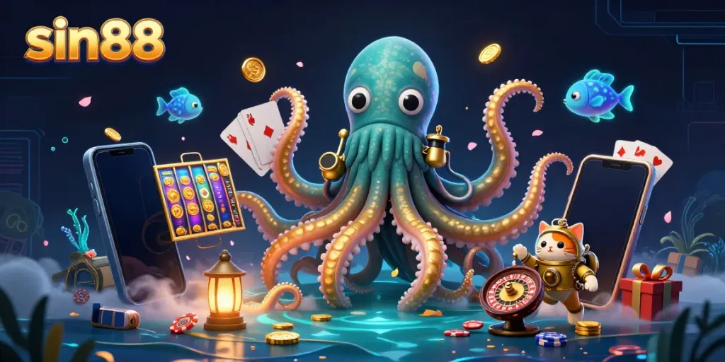 Experience excitement at sin88 with a colossal kraken, diving cat, and thrilling casino elements in this dynamic illustration.