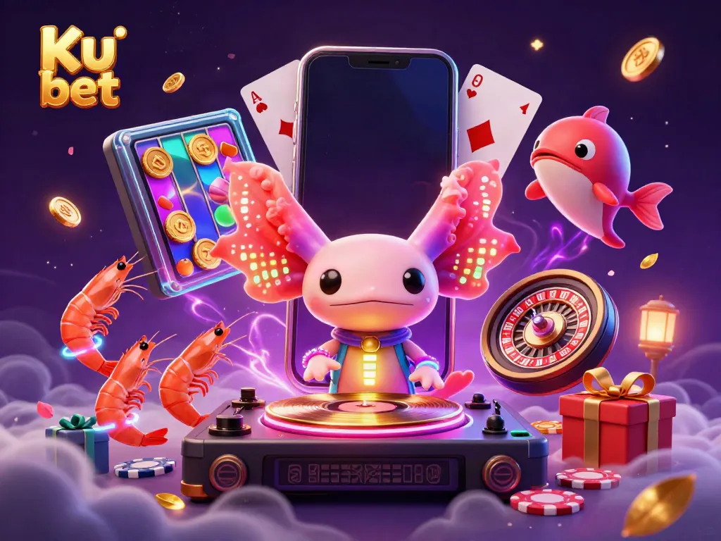 Experience the excitement of Ku bet with a lively underwater casino party featuring an axolotl DJ and vibrant sea creatures.