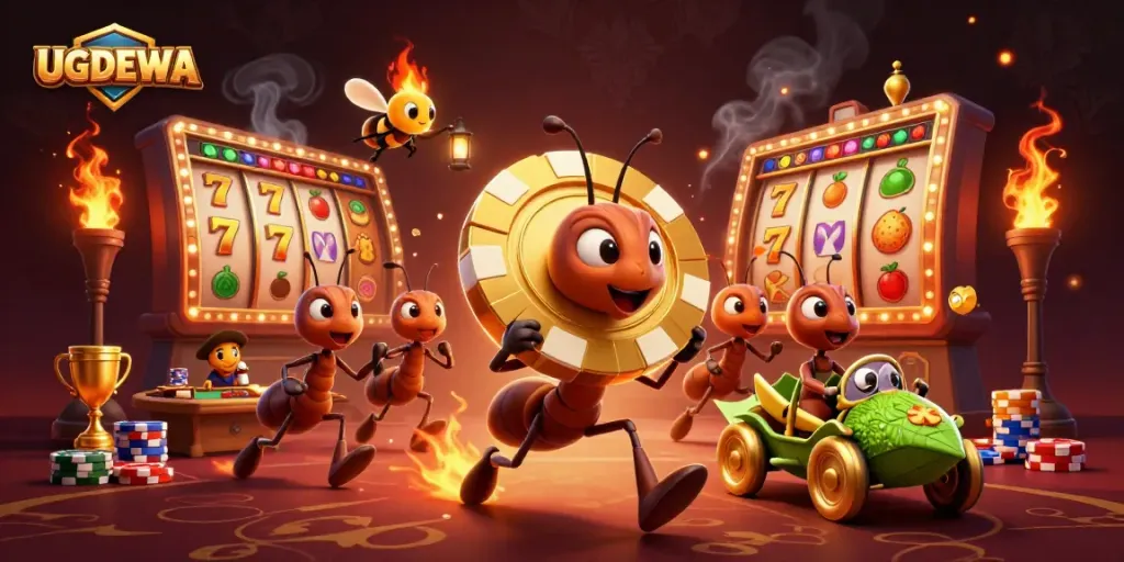 UGDEWA team of ants pulling off a heist for a giant golden poker chip among vibrant slots and casino elements.