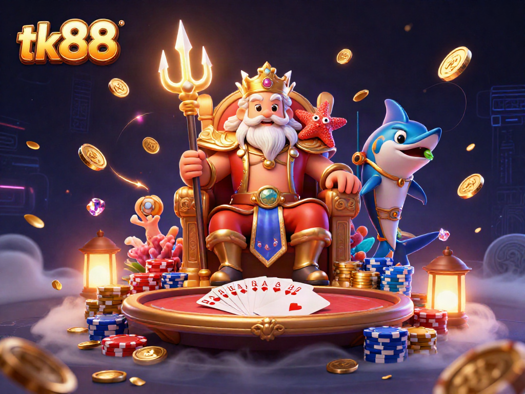 Experience the vibrant action of tk88 as Neptune reigns amid poker chips and golden coins in a dazzling digital casino.