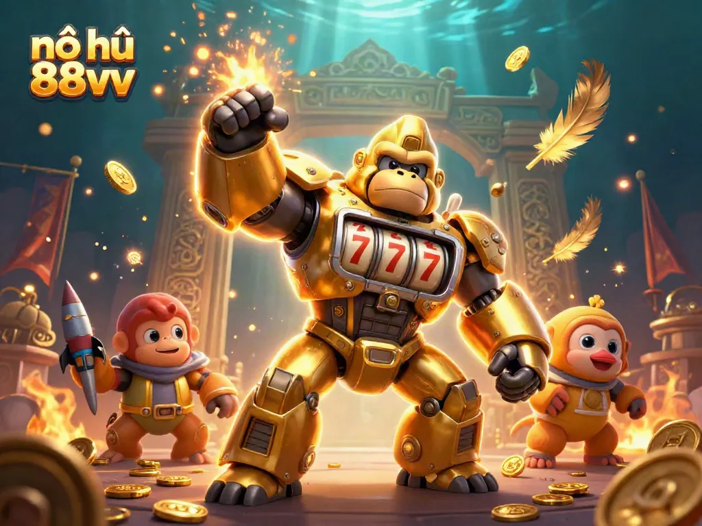 Experience exciting wins with nổ hũ 88vv in a dynamic casino-themed 3D scene featuring a gorilla mech and gold.
