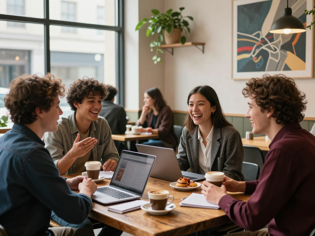 Young professionals engaging in a spicy chat over coffee in a vibrant urban café setting.