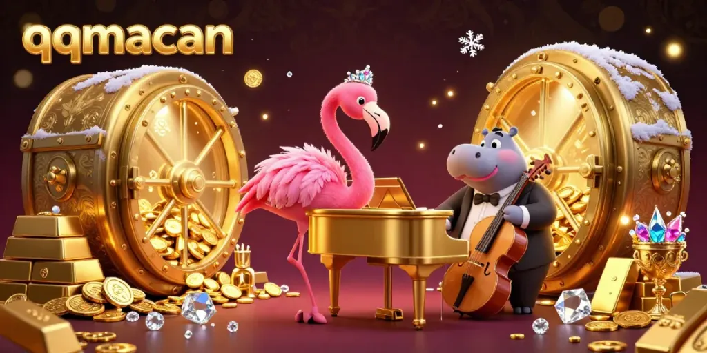 Experience qqmacan's vibrant gaming atmosphere with a flamingo singer, hippo bassist, and dazzling treasures.