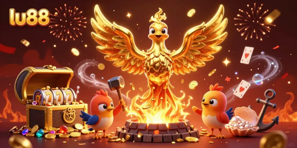 Experience the allure of lu88 with a vibrant casino scene showcasing gold coins, winning symbols, and a captivating phoenix.