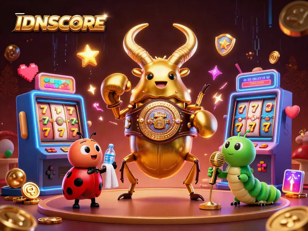 IDNSCORE showcases an action-packed illustration of a golden stag beetle champion in a vibrant casino scene.