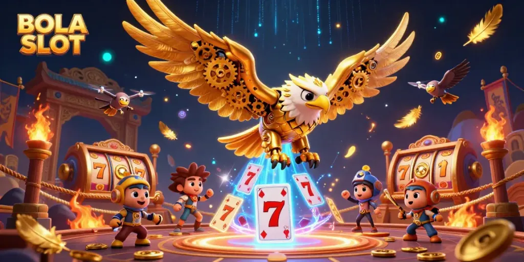 BOLA SLOT showcases a dynamic 3D casino illustration featuring a golden eagle diving through holographic cards.