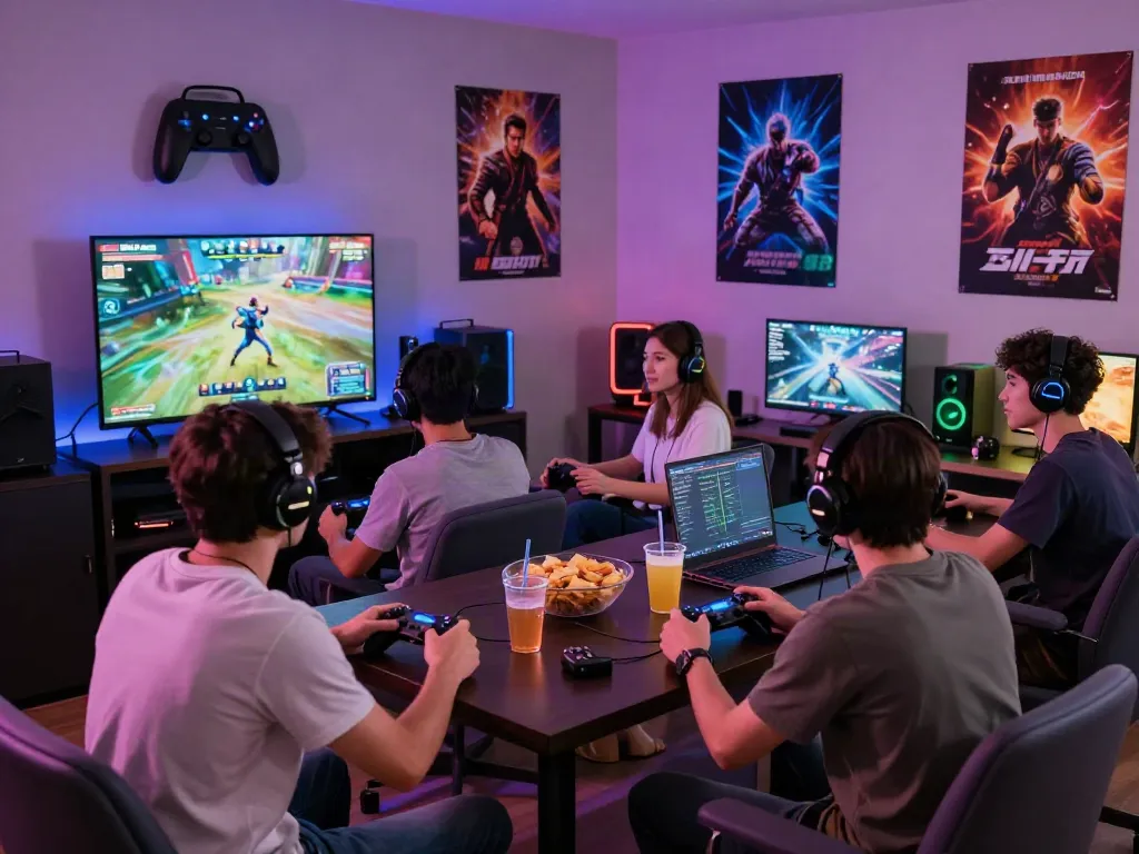 Friends enjoying a80 gaming night in a vibrant lounge setting with consoles and snacks.