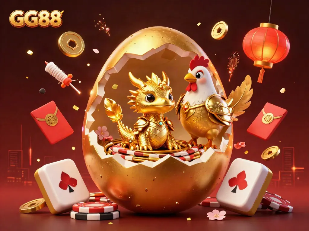 Experience thrill at GG88 casino with dazzling golden dragon and poker chips in a festive 3D illustration.
