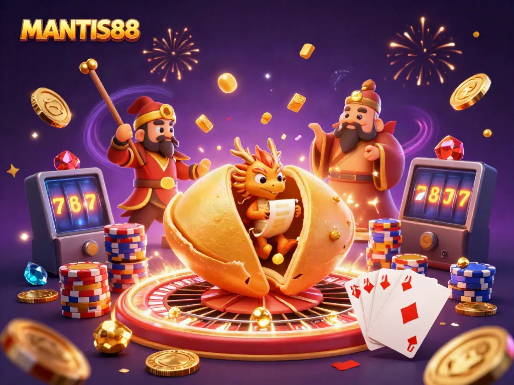 Engage with MANTIS88's vibrant casino scene featuring a golden fortune cookie and a wise dragon.
