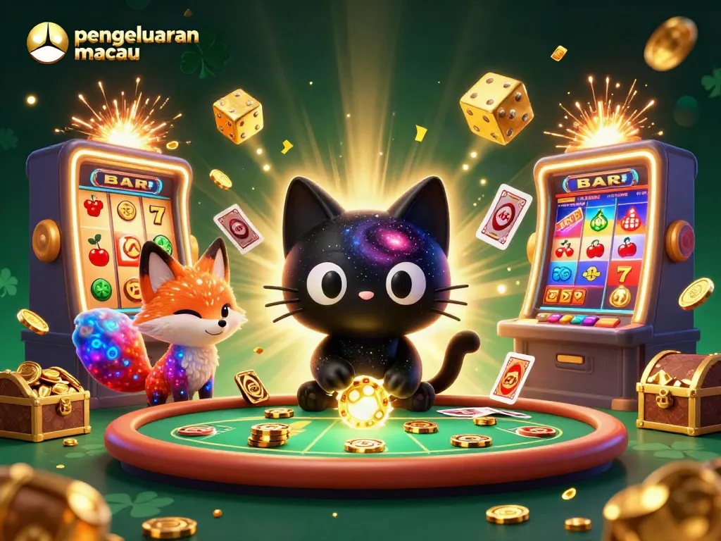 Engaging scene showcasing the pengeluaran macau universe with a cosmic cat at a casino table