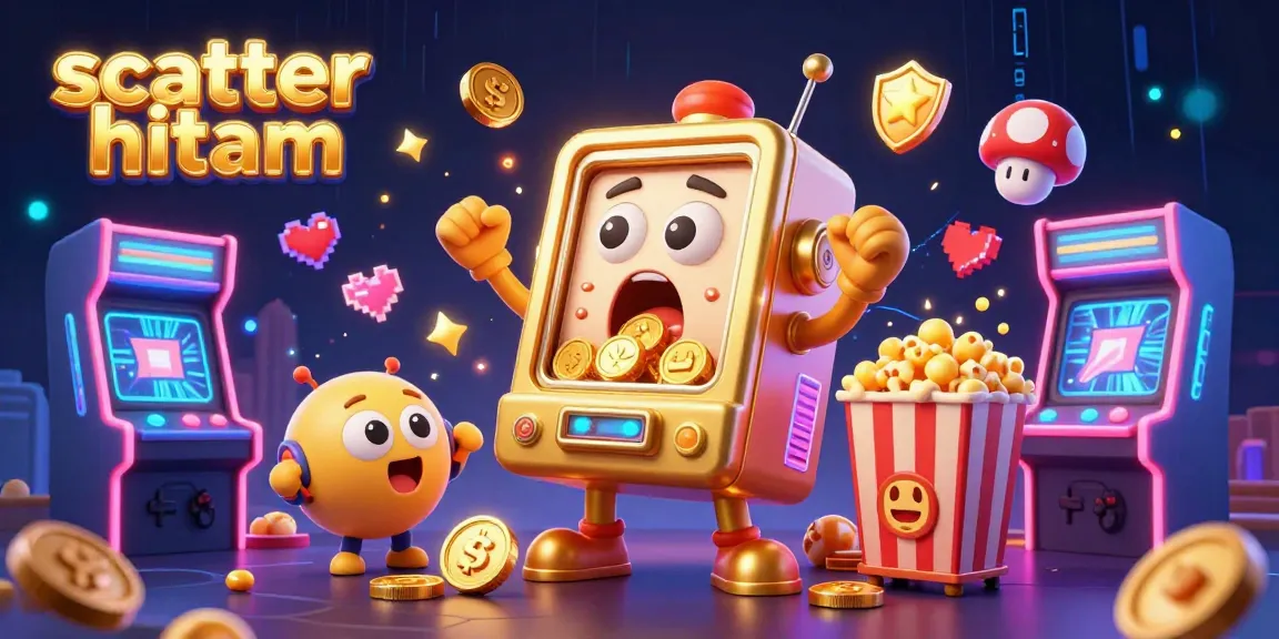 Experience scatter hitam excitement with a vibrant slot machine illustration hitting jackpot and coins flying.