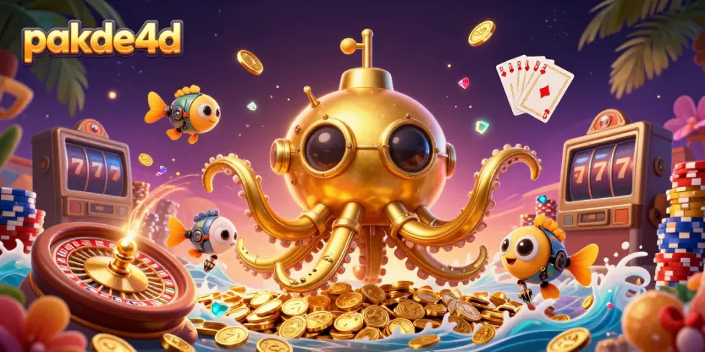 Experience the excitement of pakde4d with a golden kraken submarine amidst wealth and gaming elements.