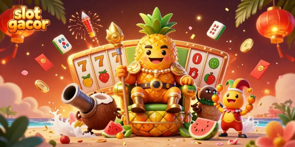 Experience the excitement of slot gacor with a vibrant 3D casino scene featuring a golden pineapple king and dynamic slot elements.