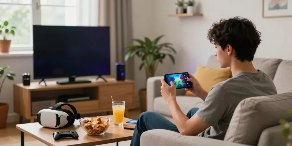 Engaging scene of a young adult enjoying Yono Arcade on their smartphone in a cozy living room.