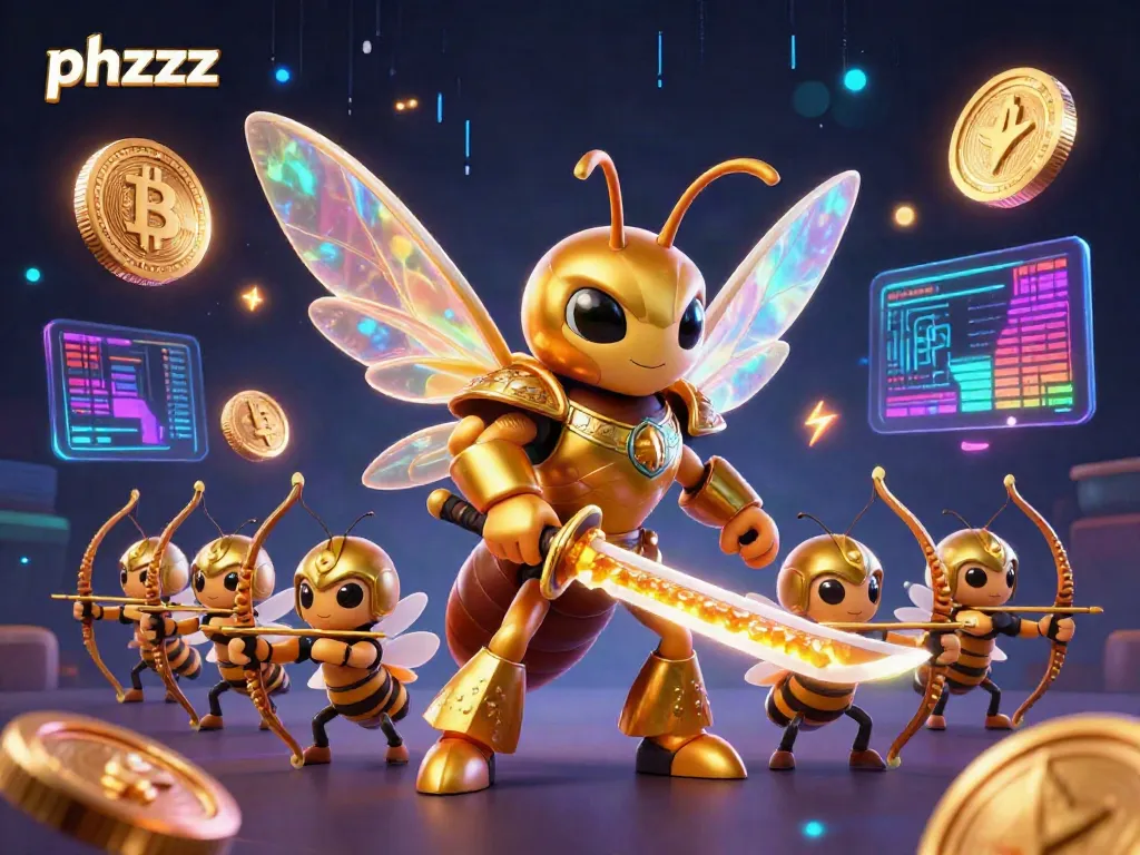 Engage with the phzzz casino adventure featuring a golden hornet samurai amid vibrant crypto elements.