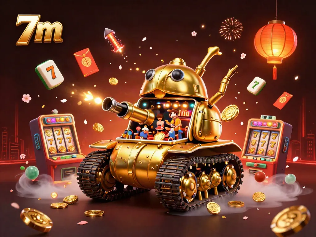 Engage with the immersive 7m gaming experience featuring a golden tank-casino and vibrant slot elements.