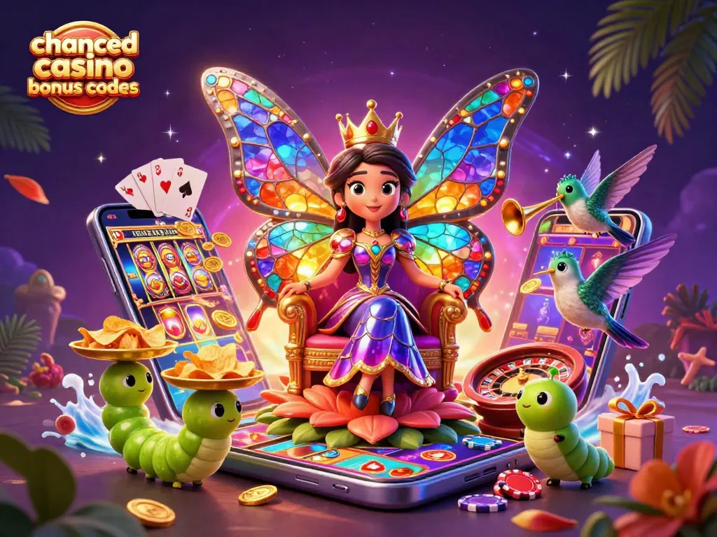 Engage with chanced casino bonus codes through a vibrant scene with a butterfly queen, slots, and festive gaming elements.