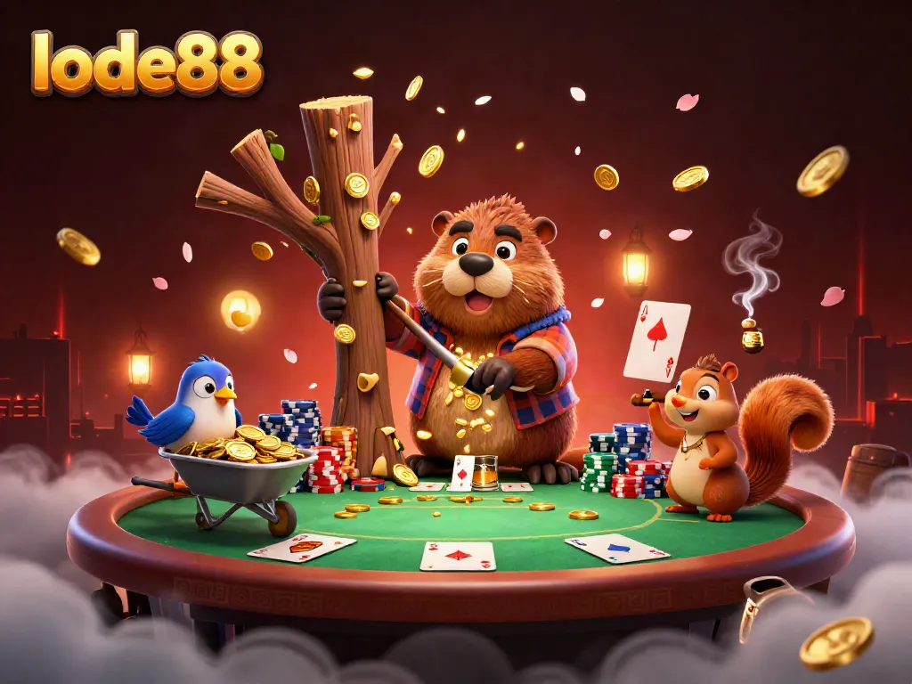 Lode88 players winning in an exciting online casino scene with gold coins raining from a beaver's tree chop.