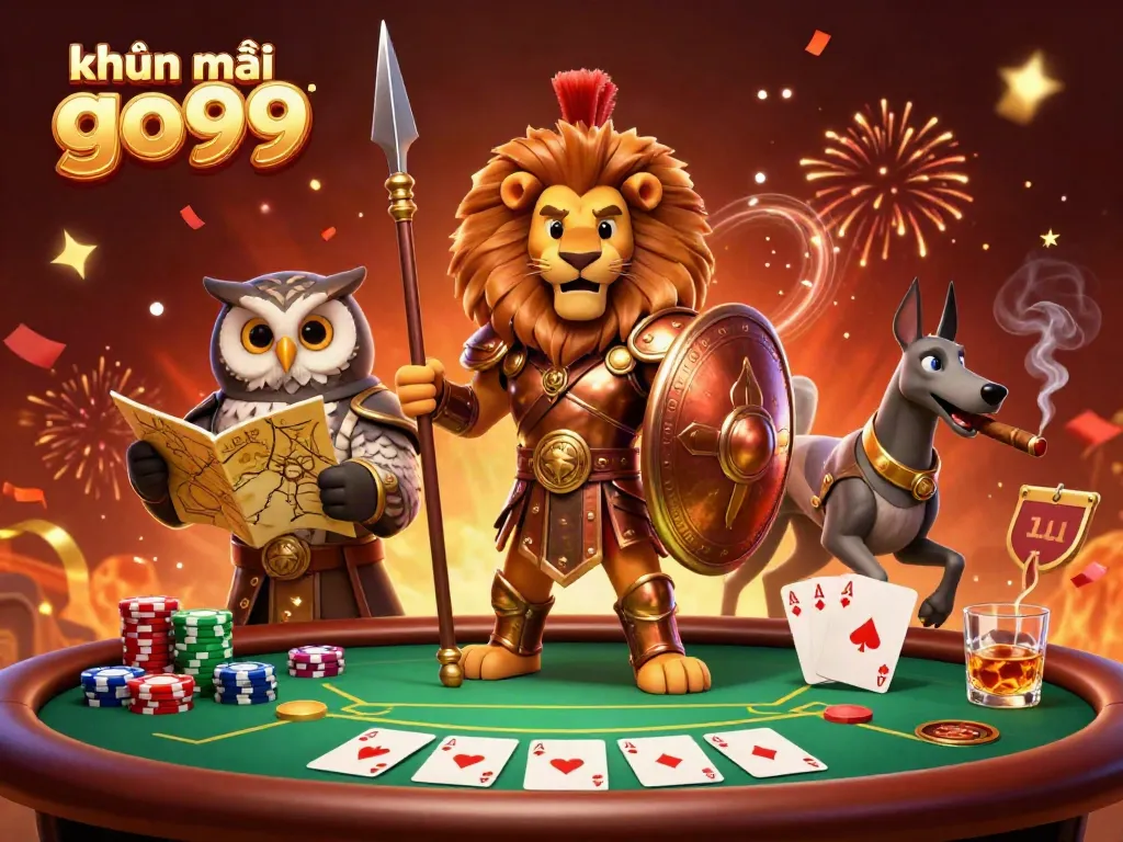 Experience thrilling gaming action with khuyến mãi go99, showcasing an immersive casino scene featuring a lion warrior and strategic owl.