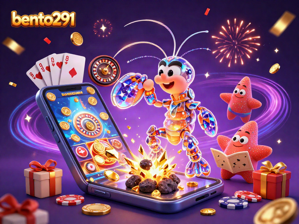 Bento291 showcases rich slot gaming action with vibrant 3D characters, colorful slot reels, and exploding golden gems.