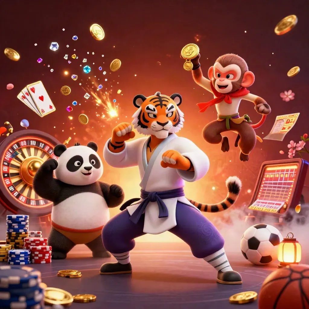 Kung-fu tiger, panda, and monkey amid casino coins, cards, roulette, and sports props