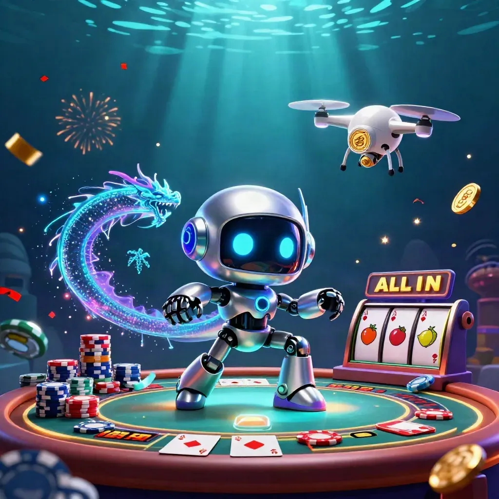 Cyberpunk robot, holographic dragon, and coin drone explode over a glowing poker table with slot symbols and jackpot energy.