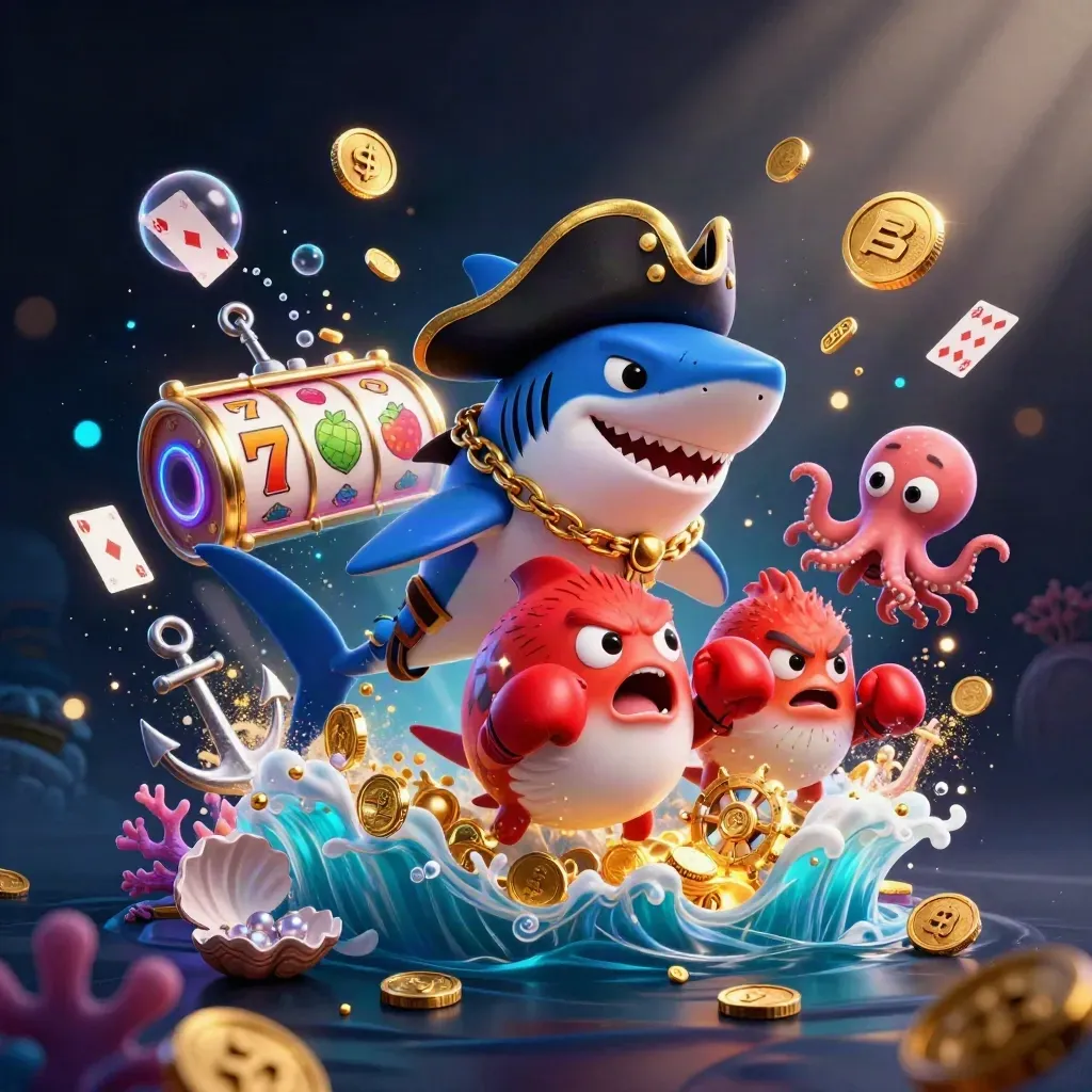 Shark pirate, red pufferfish, and baby octopus amid treasure, coins, and neon casino glow.