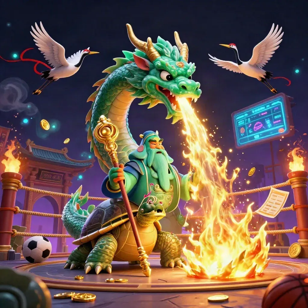 Emerald dragon, turtle sage, and cranes burst through a neon casino fantasy scene with gold fire.