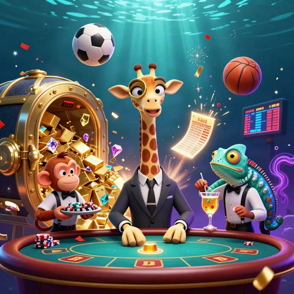 Neon casino animals amid sports balls, gold vault treasure, and glowing effects.