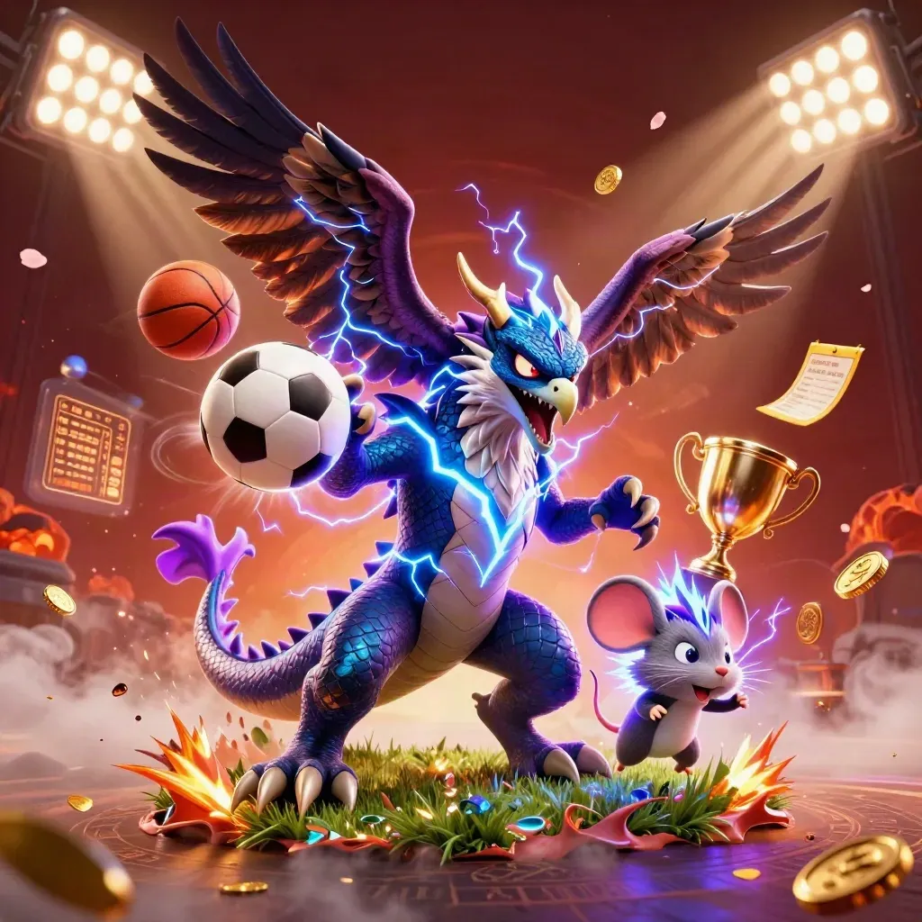 Thunder dragon, wind hawk, and mouse amid flying sports balls, coins, trophy, and neon casino lights.