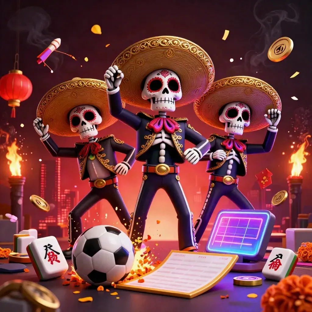 Skeleton mariachi trio with casino props, soccer ball, basketball, and neon red-gold effects.