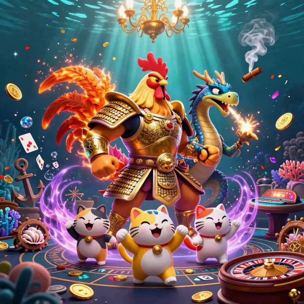 Rooster warrior, dragon hatchling, and fortune-cat in glowing underwater casino treasure.