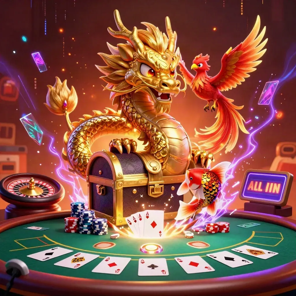 Golden dragon, phoenix and koi amid casino cards, chips, roulette wheel and glowing red-gold light.