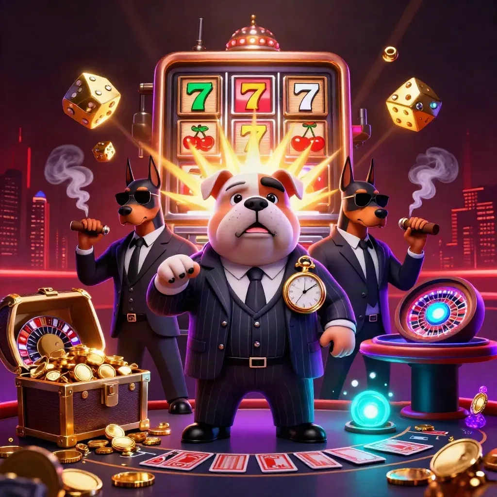 Mafia bulldog and Dobermans beside a glowing slot machine in a luxe neon casino room