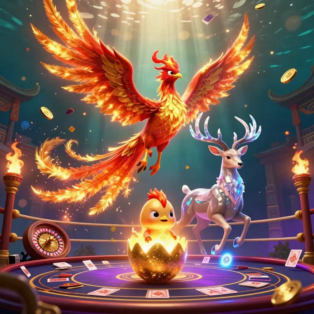 Phoenix, stag, and golden egg in a luxe casino-fantasy scene with cards, coins, and glowing light.
